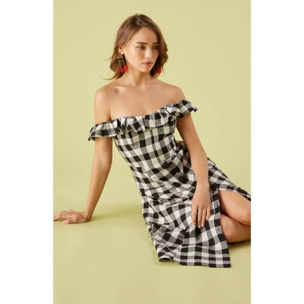 Reformation Hattie Linen Off-Shoulder Dress in Luke Check - Picture 6 of 13
